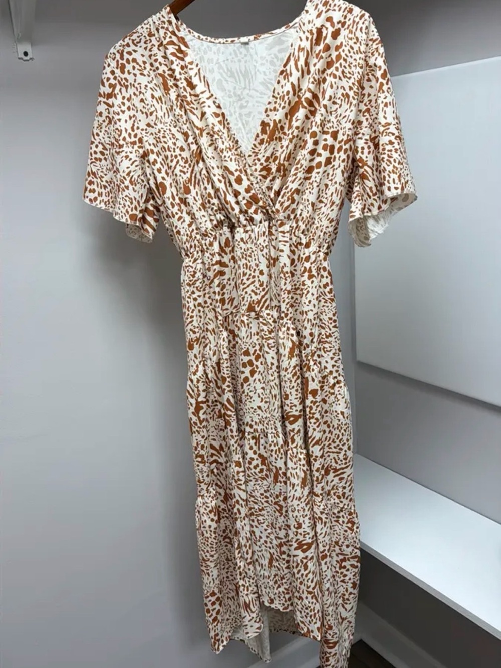 Women's Cream and Brown Printed Wrap Dress